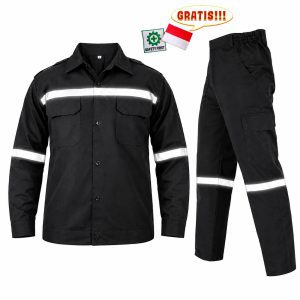 Wearpack Setelan Seragam Kerja Proyek Baju dan Celana Panjang Gratis Emblem Bordir Bendera Safety