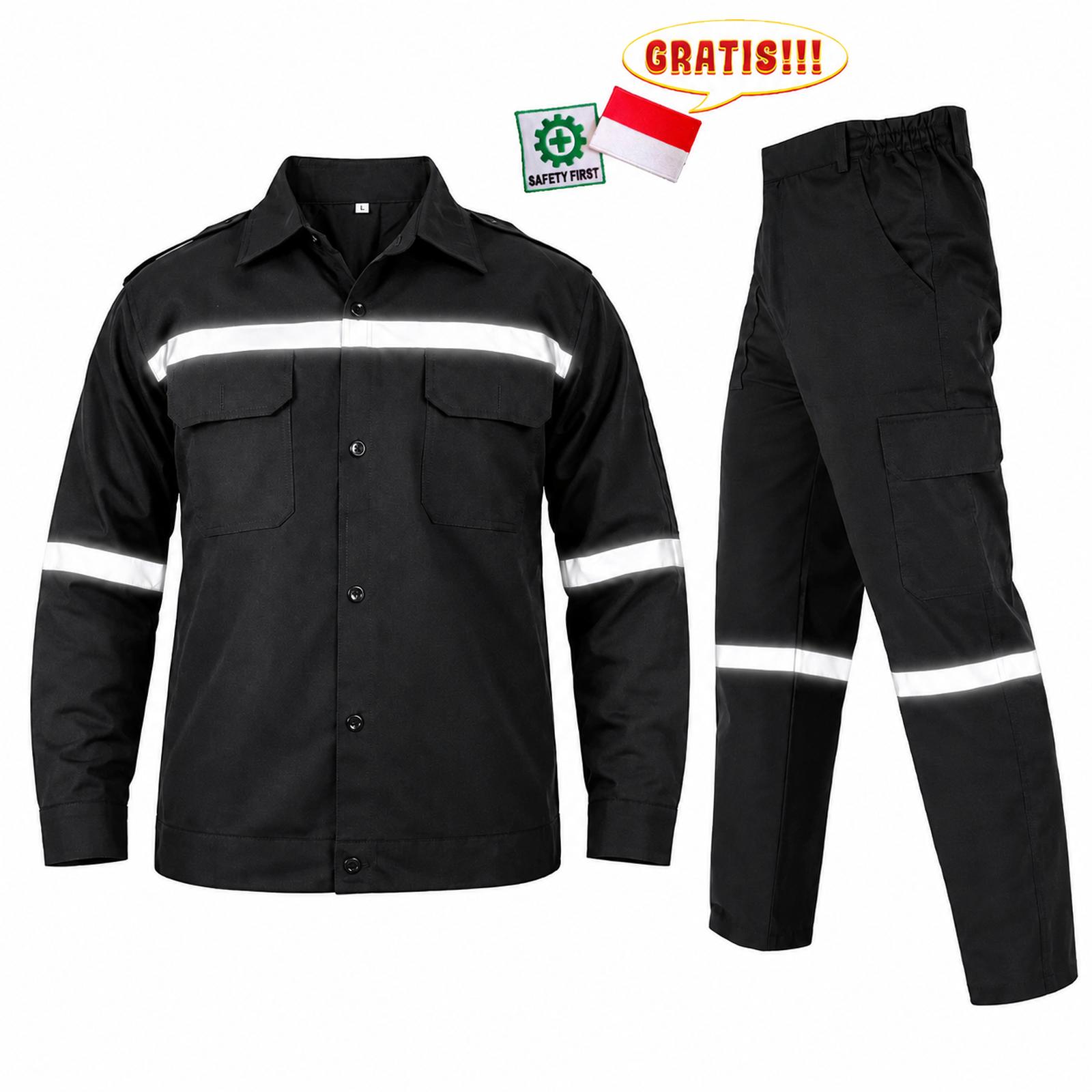 Wearpack Setelan Seragam Kerja Proyek Baju dan Celana Panjang Gratis Emblem Bordir Bendera Safety
